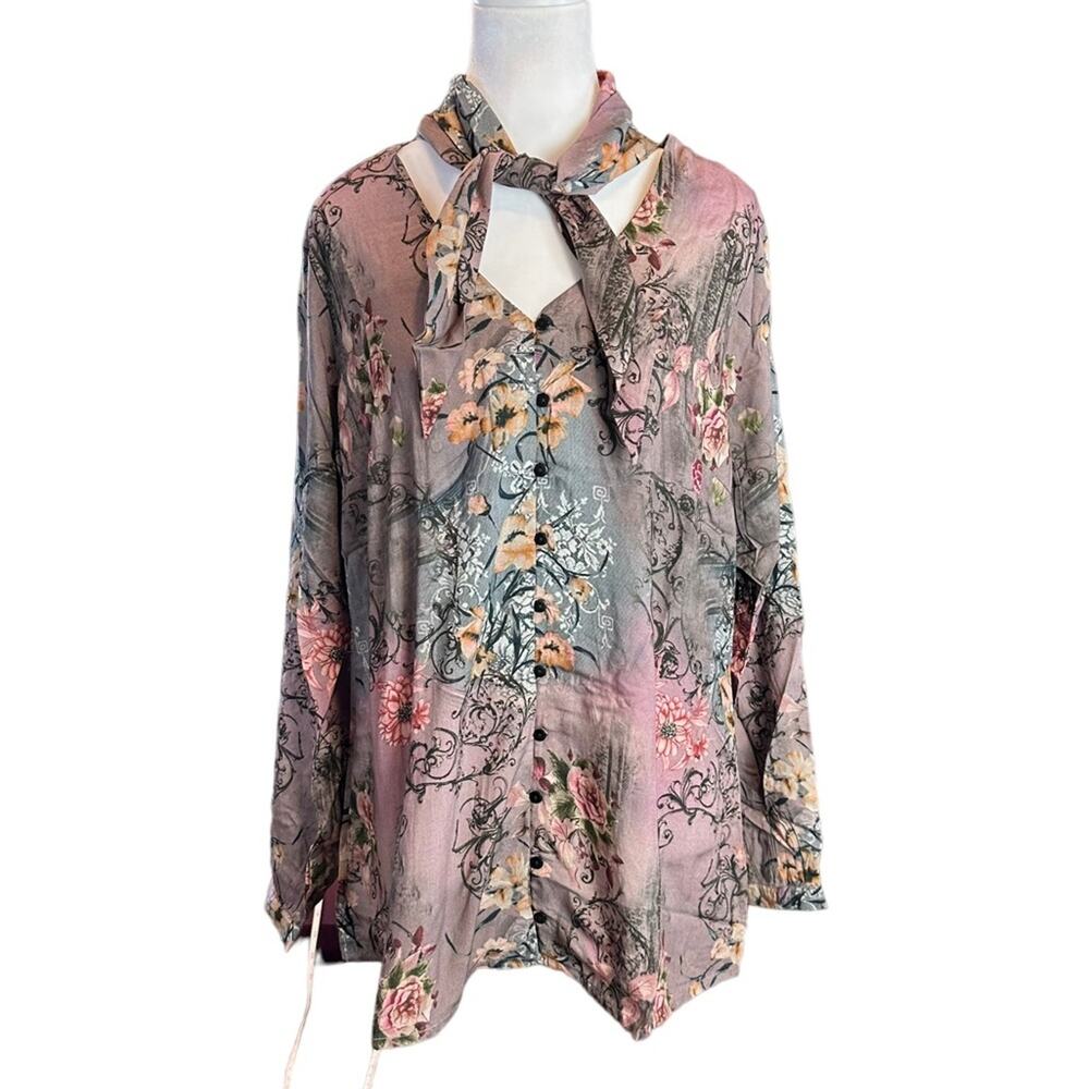 Tolani Collection Julie Scarf Tie Blouse Top Grey Purple Size Medium NWT